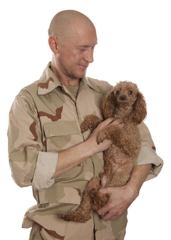 military man holding a dog